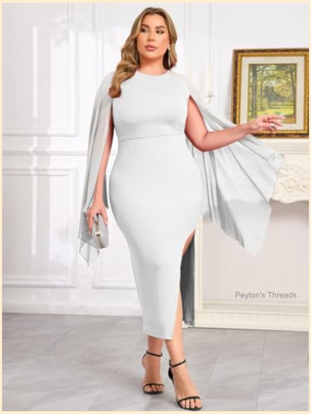 High Split Flare Sleeve Maxi Dress with Cape Cocktail Party - Picture 3 of 7